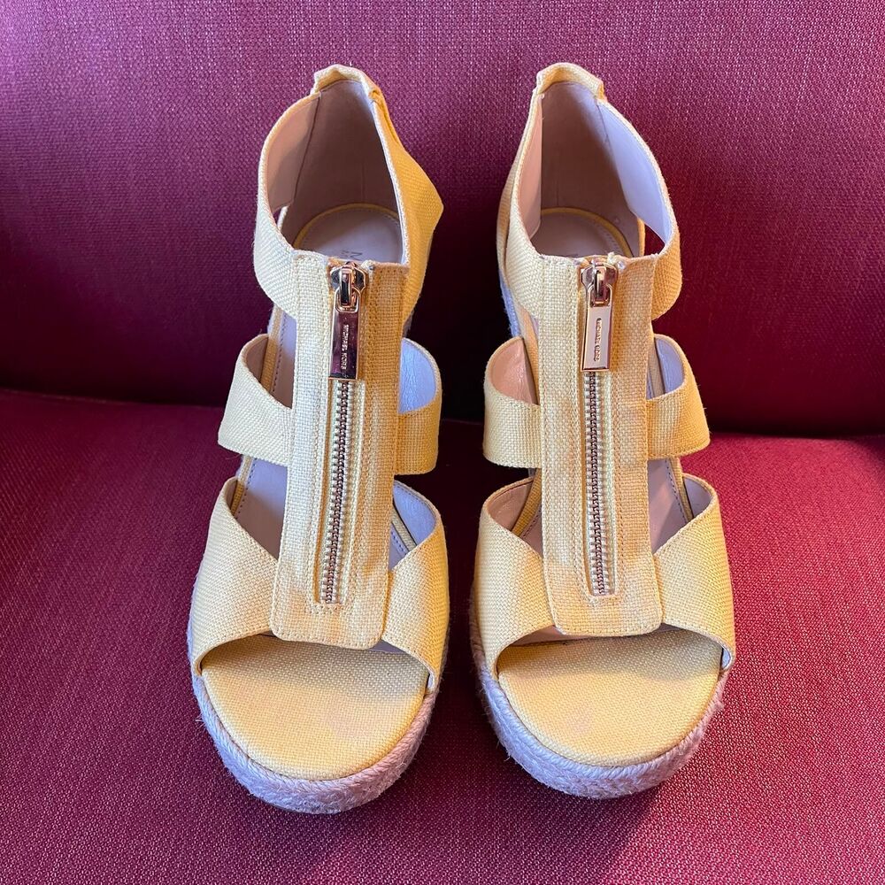 Michael Kors Yellow Canvas Espadrille Wedge Sandals Gold Zip Size 8.5 M Heels - Picture 2 of 8